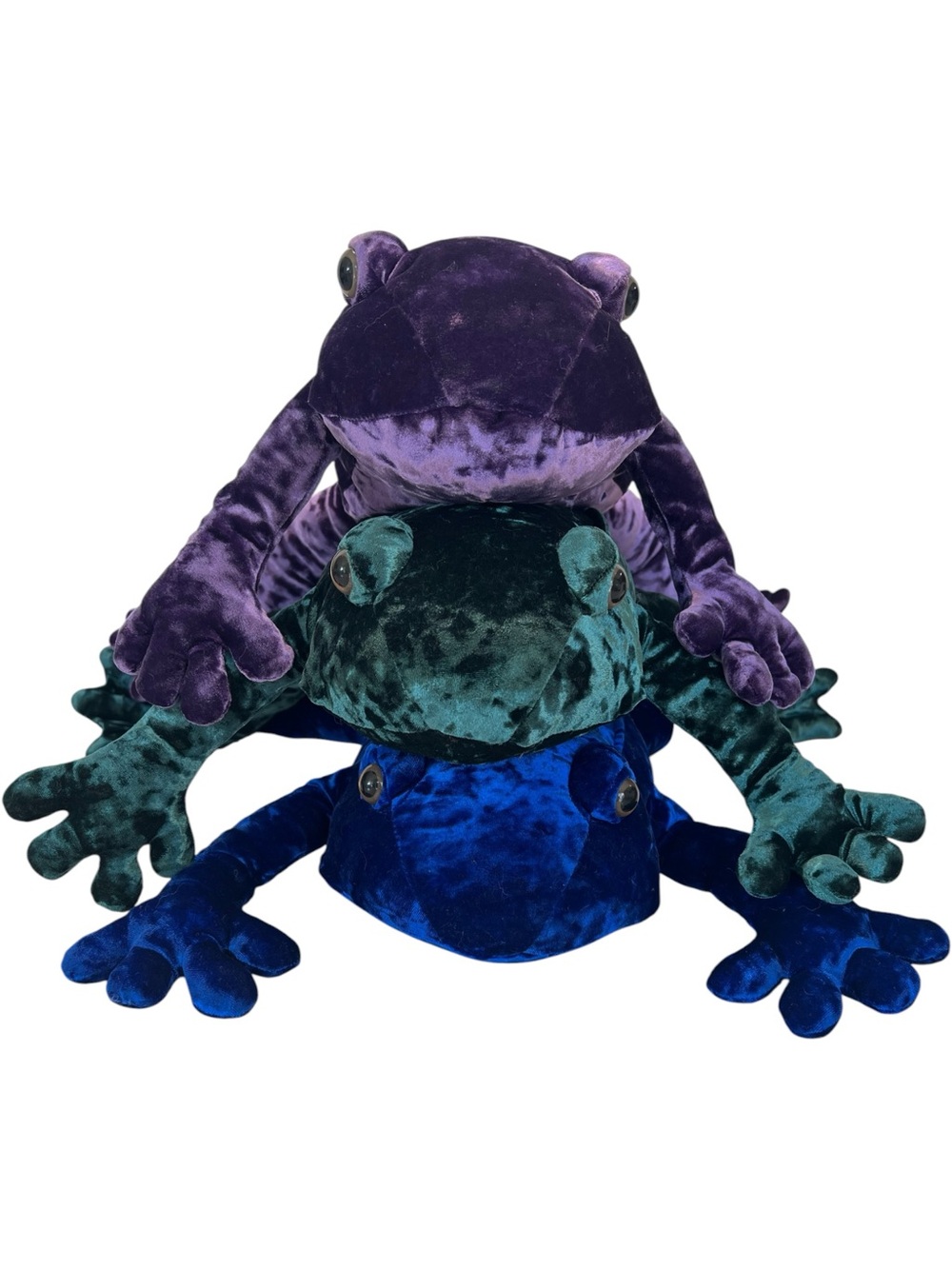 Vintage Crushed Velvet Frogs Plush Stuffies  Purple, Teal, Blue 1997 Collectible